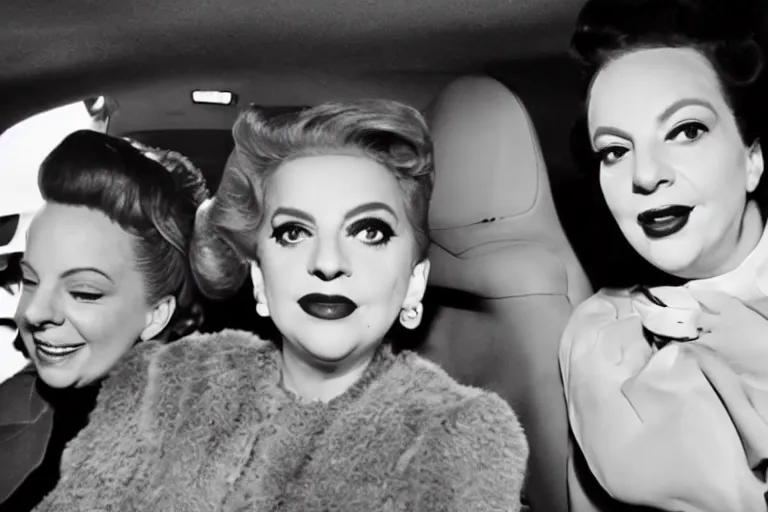 Image similar to lady gaga and judy garland doing carpool karaoke, lady gaga and judy garland, carpool karaoke, lady gaga, judy garland, carpool karaoke, youtube video screenshot, the late late show withjames cordon