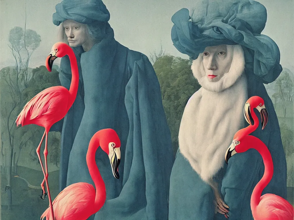 Image similar to Portrait of albino mystic with blue eyes, with exotic beautiful flamingo. Painting by Jan van Eyck, Audubon, Rene Magritte, Agnes Pelton, Max Ernst, Walton Ford