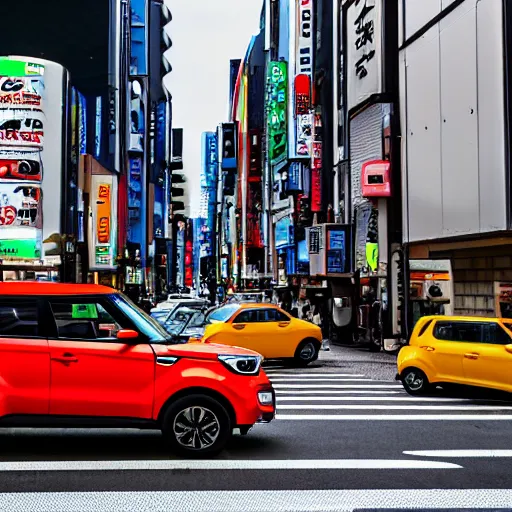 Image similar to a Kia soul parked on a busy street in Tokyo Japan Akihabara