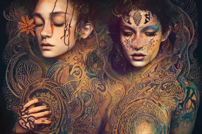 Image similar to a centered full body render of alluring festival hippies with tribal tattoos surrounded by a underwater ink pour and flowing liquid galium and sacred geometry, perfect face, powerful, cinematic, beautifully lit, by artgerm, by karol bak, by viktoria gavrilenko, 3 d, trending on artstation, octane render, 8 k