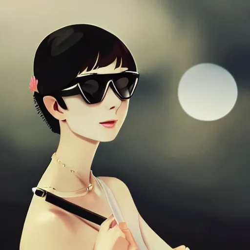 Prompt: beautiful anime version of audrey hepburn with hat and dark sunglasses covering her eyes. holding a long cigarette holder in her hand. drawn by ilya kuvshinov