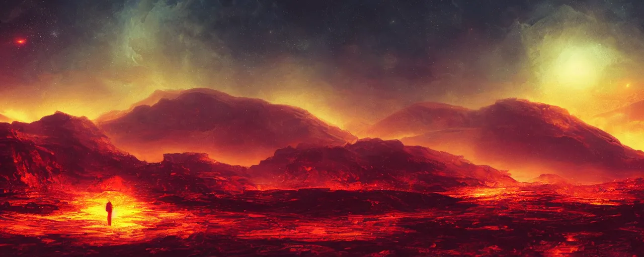Image similar to ” barren fiery landscape at night, [ cosmic, cinematic, detailed, epic, widescreen, opening, establishing, mattepainting, photorealistic, realistic textures, octane render, art by slop and paul lehr ] ”