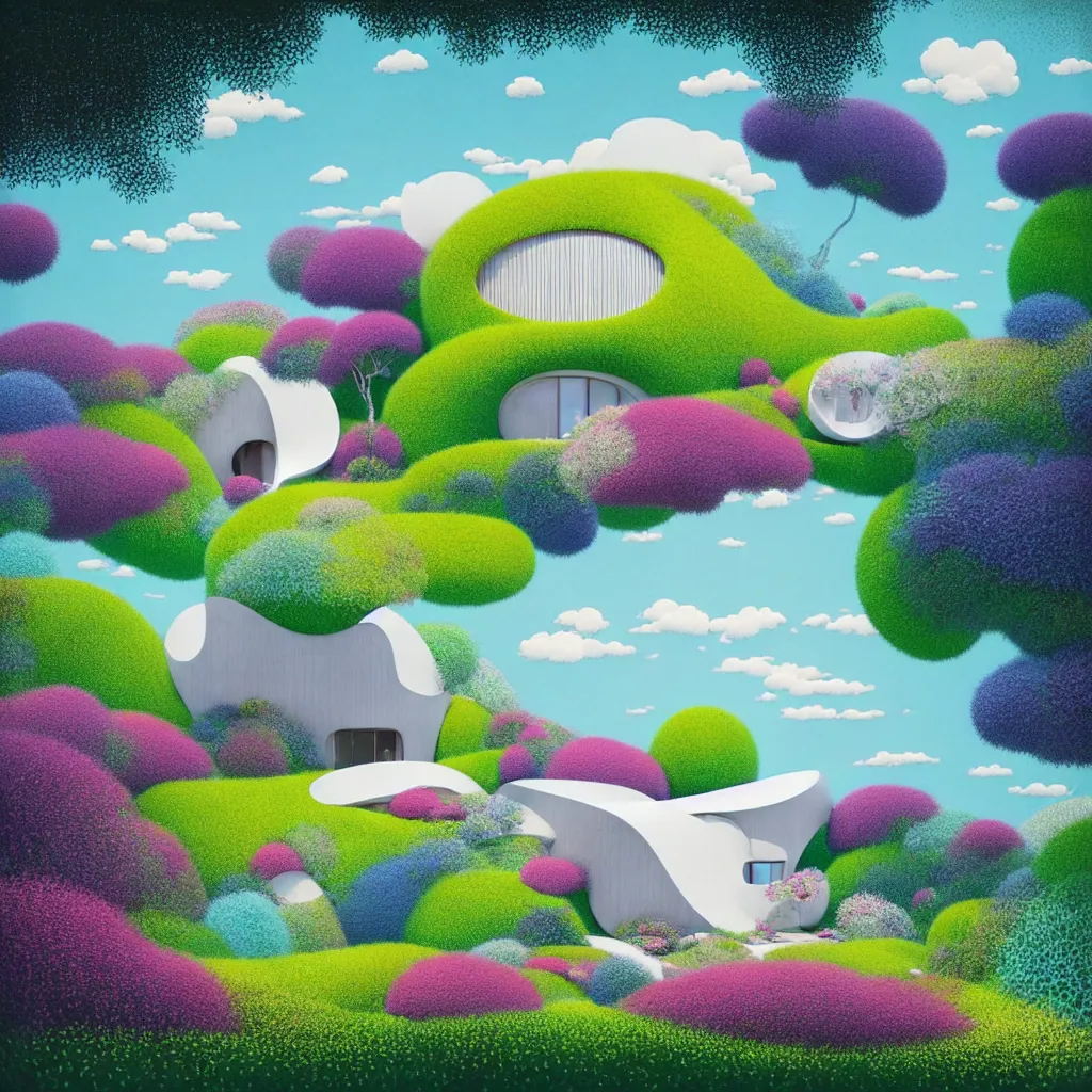 Prompt: garden villa by toyo ito, white sea cloud, summer morning, very coherent and colorful high contrast, art by!!!!! gediminas pranckevicius!!!!! geof darrow, pastel color, volumetric lighting, cinematic, floralpunk screen printing woodblock, dark shadows, hard lighting, stippling art