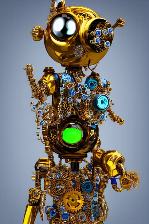 Image similar to photo of a smiling golden and blue metal steampunk robotbust covered with multicolored tubes and gears, eyes are glowing green lightbulbs, arms are music instruments, shiny crisp finish, 3 d render, 8 k, insaneley detailed, fluorescent colors