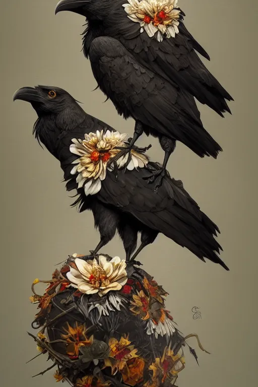 Image similar to painting of a two headed crow on a skull, decorated, intricate, elegant, highly detailed, digital painting, artstation, concept art, smooth, sharp focus, illustration, art by artgerm and greg rutkowski and alphonse mucha, 8 k