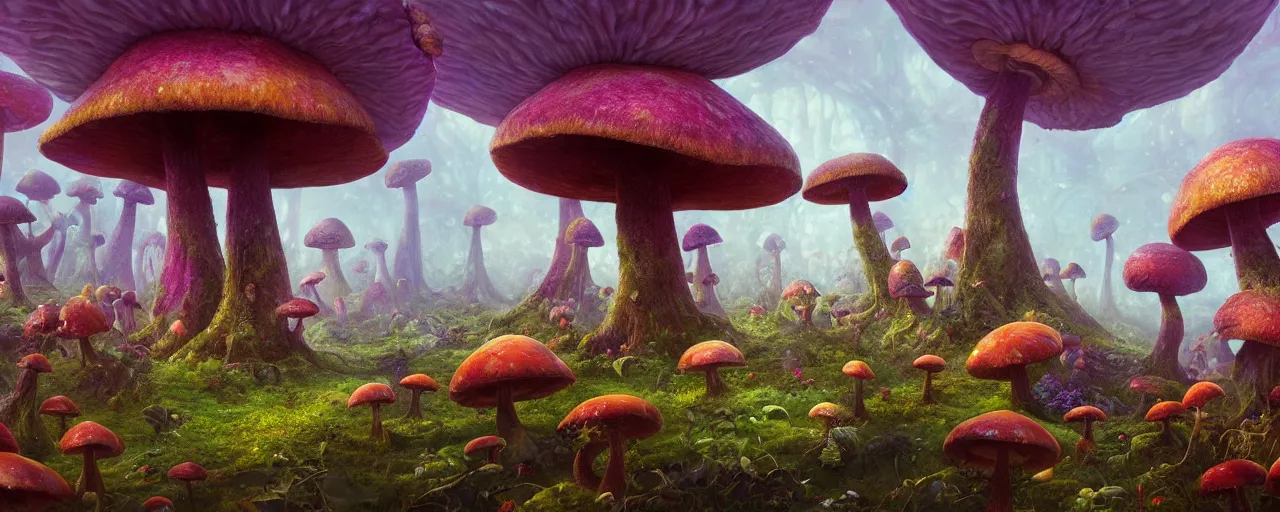 Image similar to ” whimsical world of giant mushrooms, flowers, trees, twisted roots and happiness, [ by paul lehr, cinematic, detailed, epic, widescreen, opening, establishing, mattepainting, photorealistic, realistic textures, octane render ] ”