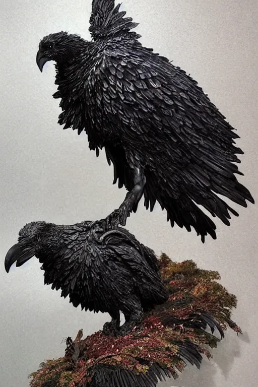 Prompt: Intricate stunning highly detailed raven by agostino arrivabene and Vladimir Kush, surreal metal sculpture, ultra realistic, Horror, dramatic lighting, full moon, blood moon, thick black swirling smoke tornado, burning fire embers