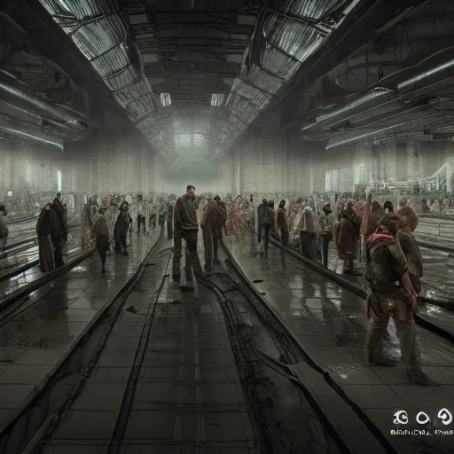 Image similar to a long queue of people standing in a huge underground dystopian factory, low camera angle, hyperdetailed, artstation, cgsociety, 8 k, hyper realistic, super detailed, octane, volumetric lighting, atmosphere, matte painting, extreme long shot, octane render h 7 0 4