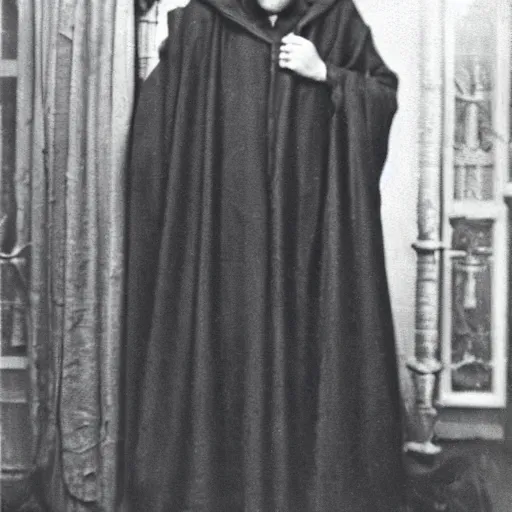 Image similar to aleister crowley wearing a dark hooded cloak