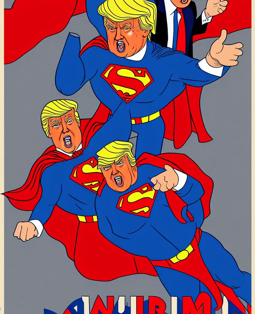 Image similar to a poster of donald trump in a superman with creepy joe biden costume by joe mangrum, trending on deviantart, futurism, movie poster, poster art, 3 2 k uhd, american propaganda, futurism, toyism