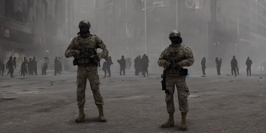 Image similar to cinematic, concept art, hyper realistic, symbolism, a special forces soldier stands facing the camera with a crowd of rioters supporting him, foggy, depth of field, 8k, 35mm film grain, unreal engine 5 render