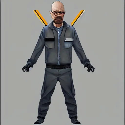 Prompt: walter white as gordon freeman wearing the hev suit, digital painting, game concept art