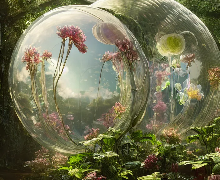 Image similar to transparent clear see - through image of twisting balloons, lush botany, floral environment, ultra realistic, concept art, art nouveau, photorealistic, octane render, 8 k, unreal engine. art by gustave dore and nori inoguchi and sam kaplan and zachary goulko and christopher marley and artgerm and alphonse mucha