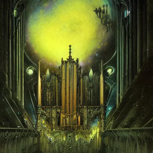 Prompt: pipe organ space opera album cover, style of alan lee, john howe, dramatic lighting, detailed, gothic, ornate, fisheye, tilt shift, bizarre