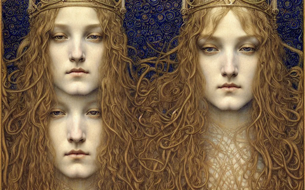 Image similar to detailed realistic beautiful young medieval queen face portrait by jean delville, gustave dore and marco mazzoni, art nouveau, symbolist, visionary, gothic, pre - raphaelite. horizontal symmetry