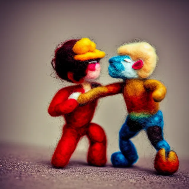 Image similar to needle felted person fighting, highly detailed, tilt shift, cute, hyperrealism, highly textured, god rays