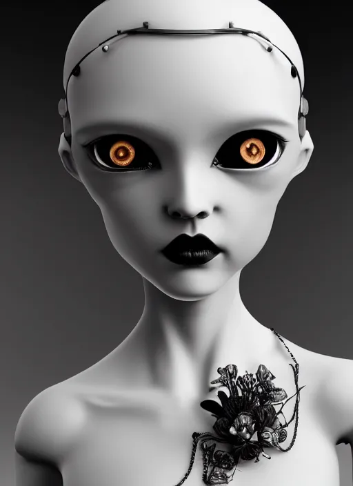 Image similar to black and white dreamy profile face portrait, one silver steampunk eye biomechanical beautiful angelic young female cyborg - robot - doll bust, body ribs meshes,, volumetric light, hibiscus flowers, rim light, big gothic fashion pearl embroidered collar, 1 9 3 0, 8 k