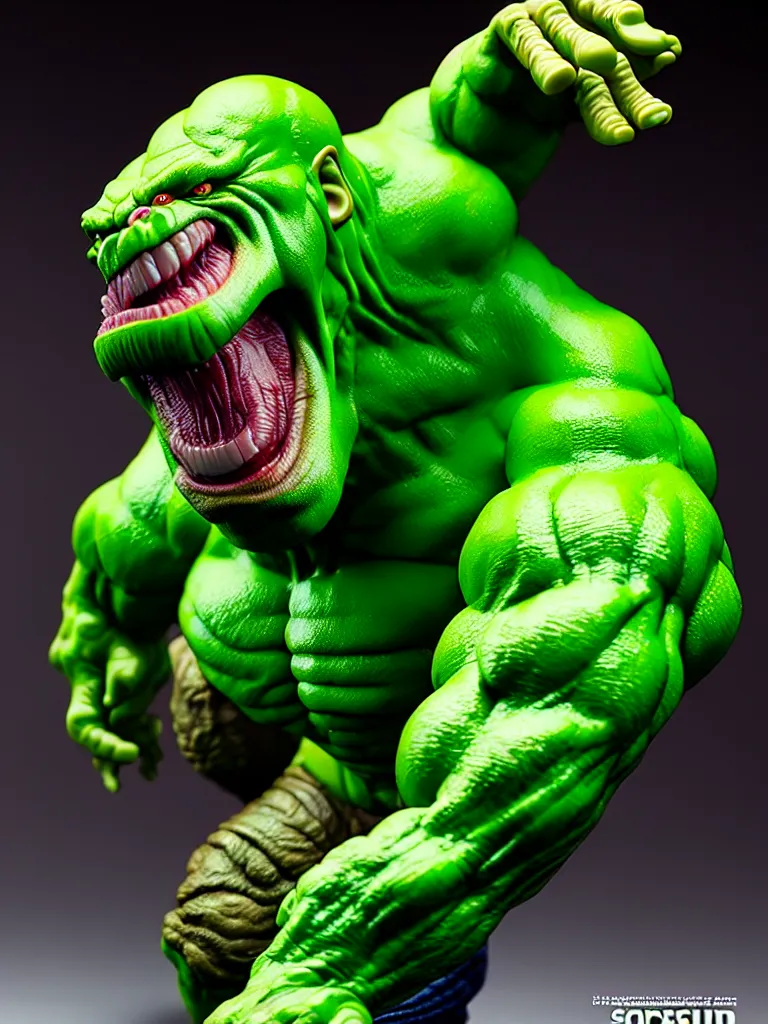 Image similar to hyperrealistic rendering, fat smooth cronenberg flesh monster hulk by bernie wrightson and killian eng and joe fenton, product photography, action figure, sofubi, studio lighting, colored gels, colored background