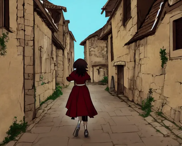 Prompt: anime still frame of a young female walking through a medieval village, dynamic pose, dynamic perspective, detailed silhouette, cel shaded, minimalist, simple, ilya kuvshinov face style