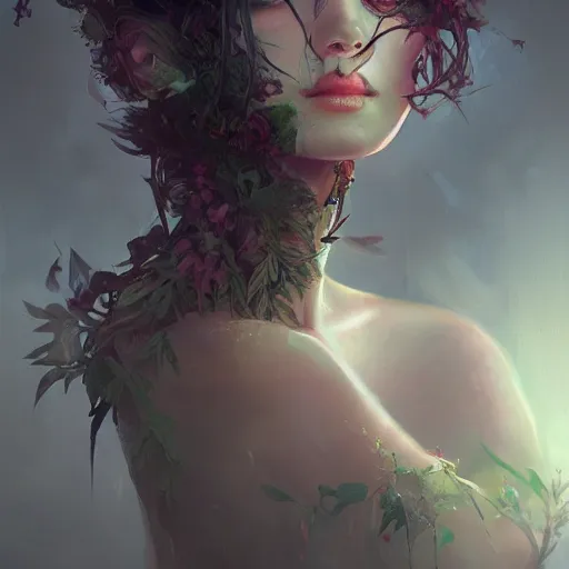 Image similar to Portrait of a dark fantasy nymph, flowers and plants surrounding, stunning, concept art, artstation, dramatic lighting, by Wlop