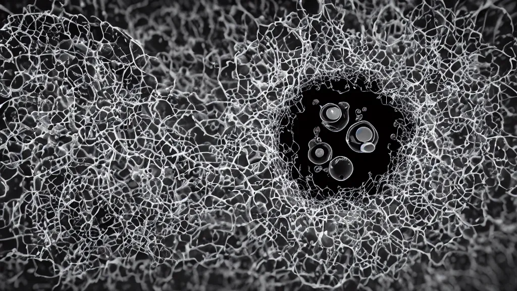 Prompt: beautiful 3 d closeup photo of deadly virus infecting a cell, seen through a microscope, detailed, high contrast, dark, sinister, ambient, monochrome, depth of field, scientific illustration, 8 k, octane render