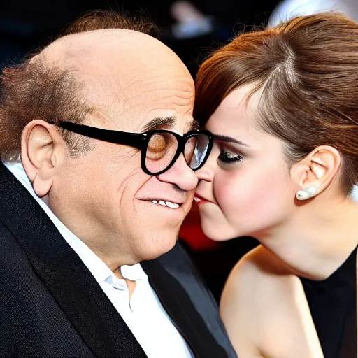 Image similar to danny devito and emma watson, french kissing, tongues, close up, deep