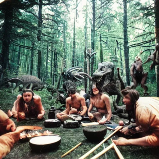 Image similar to kodak 2 0 mm, photo, neanderthal people eating sushi, surrounded by dinosaurs!, gigantic forest trees, sitting on rocks, bonfire, close up camera on bonfire level