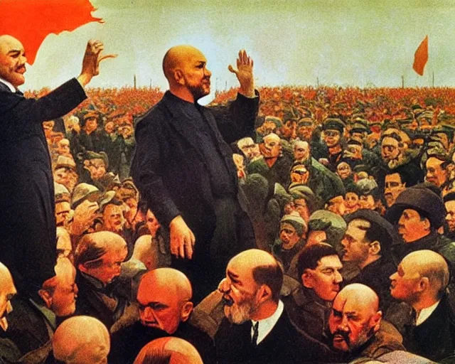 Image similar to lenin addressing a crowd, soviet propaganda posterm