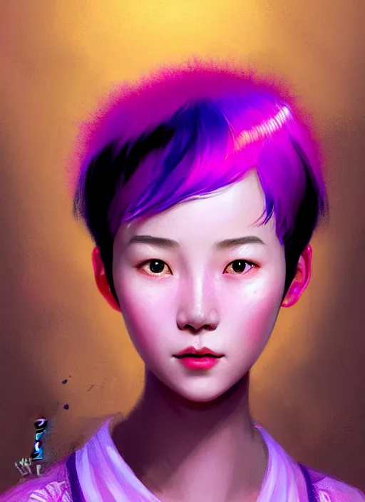 Image similar to portrait of chinese girl with bright pink hair, curly pixie cut hair, wearing a purple cap, breton cap, intricate, elegant, glowing lights, highly detailed, digital painting, artstation, concept art, smooth, sharp focus, illustration, art by wlop, mars ravelo and greg rutkowski