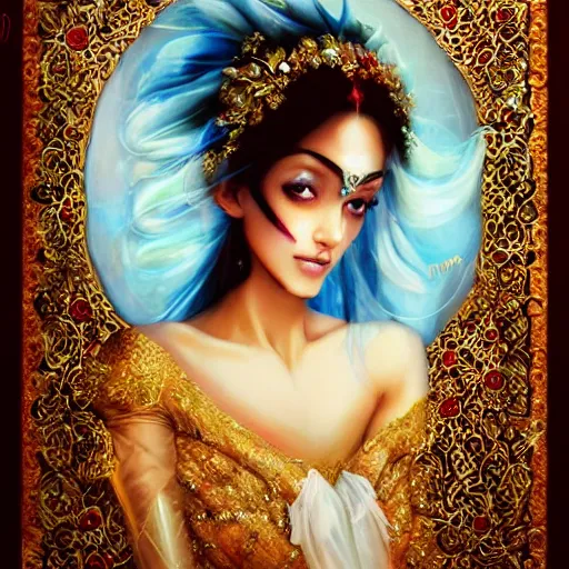 Image similar to a beautiful arabian woman wearing a wedding dress by karol bak, ayami kojima, artgerm, arabian beauty, blue eyes, smile, concept art, fantasy