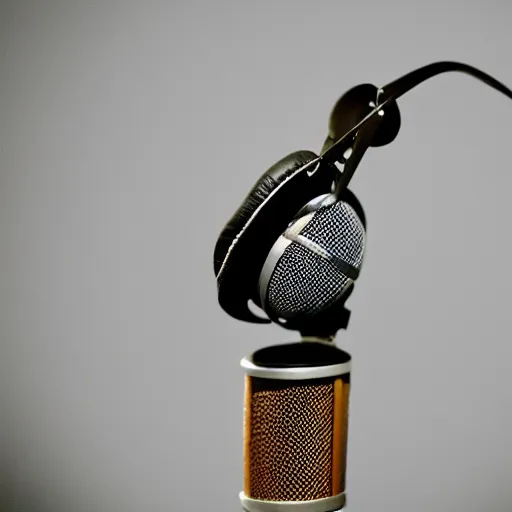 Image similar to A photograph of a bird wearing headphones and speaking into a high-end microphone in a recording studio.