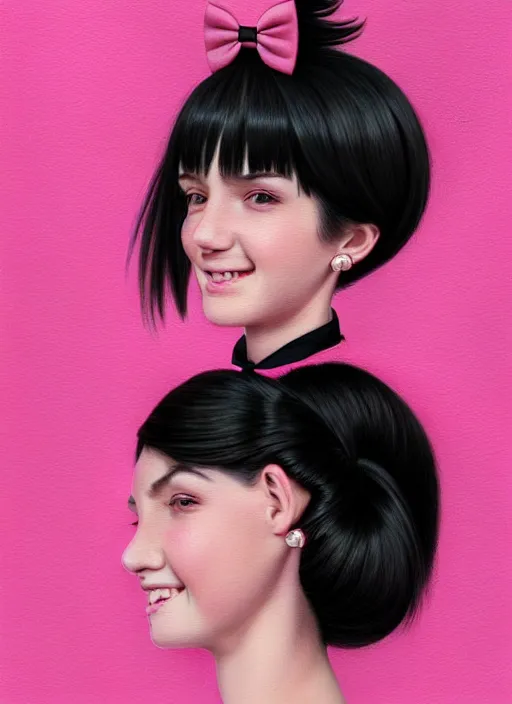 Image similar to portrait of high school girl, realistic, black hair, bangs, half updo hairstyle, pointy nose, skinny, smile, ugly, defined jawline, big chin, pink hair bow, earrings, intricate, elegant, glowing lights, highly detailed, digital painting, artstation, sharp focus, illustration, art by wlop, mars ravelo and greg rutkowski