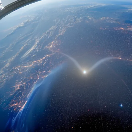 Image similar to photograph from the international space station window as planet earth breaks in half following a larger asteroid impact, fire explosions