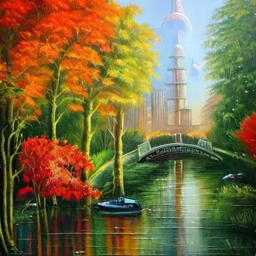 Image similar to Beautiful city of the future in harmony with nature. Nice colour scheme, soft warm colour. Beautiful painting by Lurid. (2022)