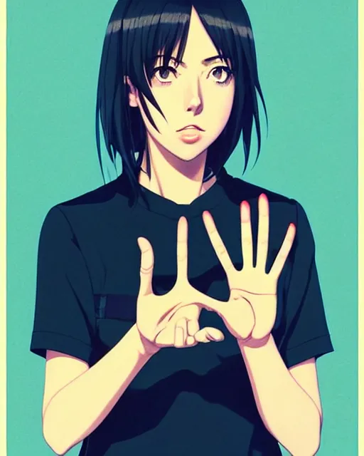 Image similar to woman giving a peace sign | | very very anime!!!, fine - face, aubrey plaza, realistic shaded perfect face, fine details. anime. realistic shaded lighting poster by ilya kuvshinov katsuhiro otomo ghost - in - the - shell, magali villeneuve, artgerm, jeremy lipkin and michael garmash and rob rey