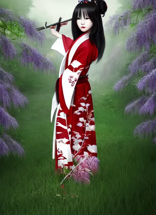 Image similar to character design, red and white kimono, samurai, dark long hair, princess cut hairstyle ， beautiful, elegant, symmetrical face, long legs, regular feet, big katana, full body, wisteria trees, realistic, uhd, unreal engine, detailed