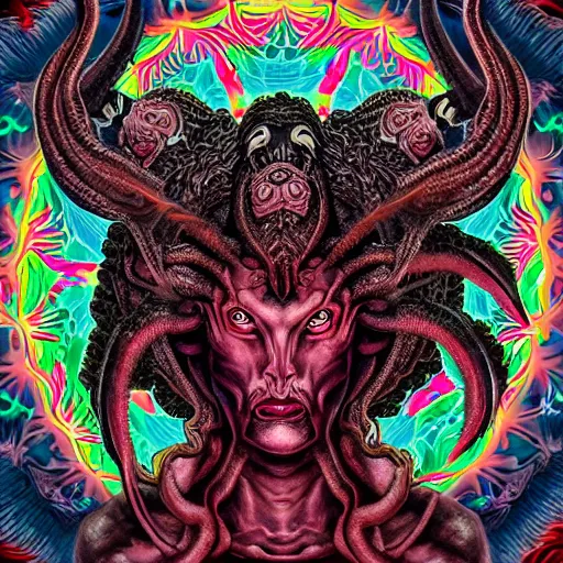 Image similar to 4K headshot of godlike Shub-Niggurath with defined arms and open hands and bloody clothes with giant mandala wings , intricate face , flawless anime cel animation by Kentaro Miura, psychedelic , highly detailed upper body , professionally post-processed , beautiful, scary, symmetry accurate features, epic, octane rendered, anime masterpiece, accurate