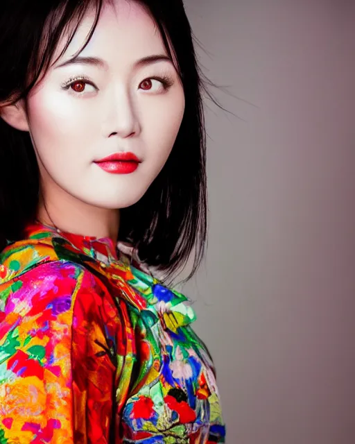 Image similar to photo portrait of chinese actress in real life by Steve McCurry, colorful, sharpen, 4k, 85mm, award winning, realistic, professional light