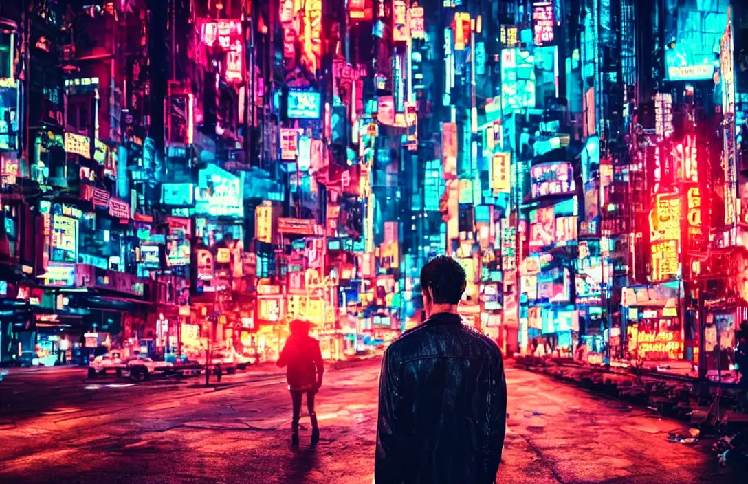 Prompt: one man standing in front of a cyberpunk city, in the center of the image, neon lights, bokeh, award wining photograph, movie still,