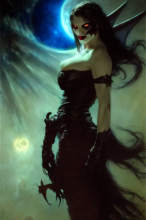 Image similar to evil female vampire, highly detailed, realistic style. night sky with bats. by raymond swanland, gaston bussiere, simon bisley