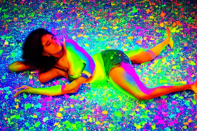 Prompt: photo of a womaan laying down, made of big shattered glass, glows, colorful, rainbow colors, beautiful