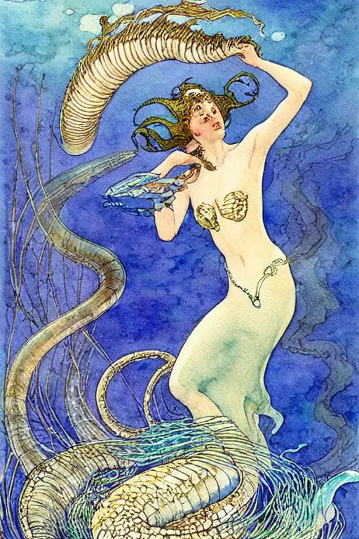 Image similar to woman with two eel tails for legs underwater, fantasy art, little mermaid fairytale, art by hans zatzka and walter crane and kay nielsen, watercolor illustration,