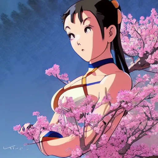 Prompt: an ultrawide photo of chun li standing in front of sakura trees, studio ghibli concept art, detailed, beautiful face, beautiful eyes, beautiful lighting, hdr, 4 k