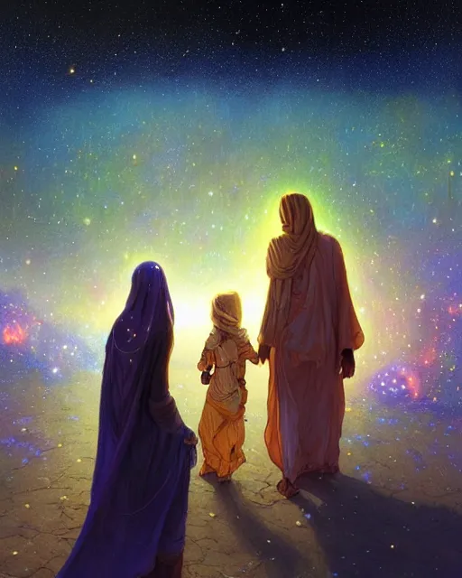 Image similar to bedouin man and woman and child in galaxy walking towards mosque surrounded by nebula, highly detailed, gold filigree, romantic storybook fantasy, soft cinematic lighting, award, disney concept art watercolor illustration by mandy jurgens and alphonse mucha and alena aenami, pastel color palette, featured on artstation