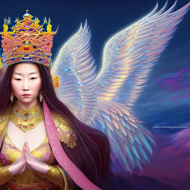 Prompt: beautiful 3 d render of an asian mongolian princess goddess with angelic wings in a sensual pose, princess wearing a crown with gemstones, near lake baikal, atmospheric lighting, painted, intricate, volumetric lighting, beautiful, rich deep colours masterpiece, sharp focus, ultra detailed, in the style of dan mumford and marc simonetti, astrophotography