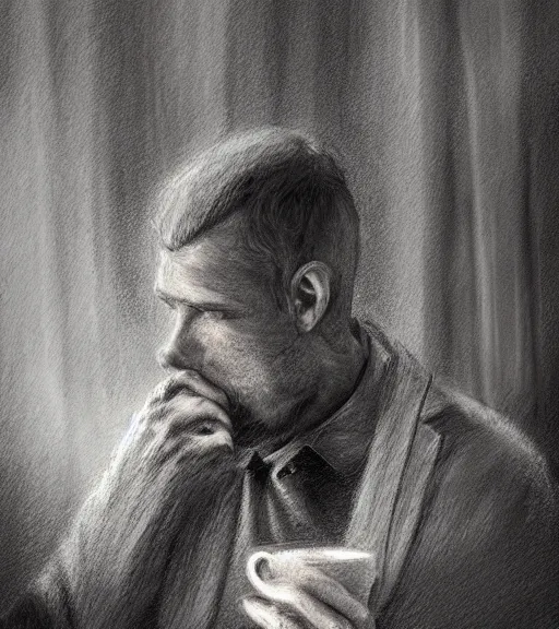 Image similar to Portrait of Antti Kervinen drinking coffee, in the park, charchoal drawing, dimly lit, wispy smoke, intricate, highly detailed, digital painting, artstation, concept art, sharp focus, illustration, art by einar jonsson