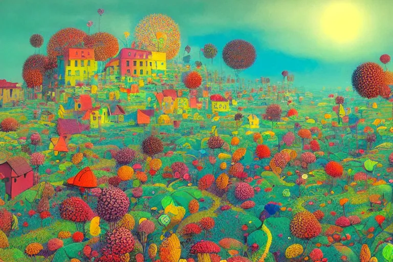 Image similar to surreal glimpse into other universe, hari merdeka, summer morning, very coherent and colorful high contrast, art by!!!! gediminas pranckevicius!!!!, geof darrow, floralpunk screen printing woodblock, dark shadows, hard lighting, stipple brush technique,