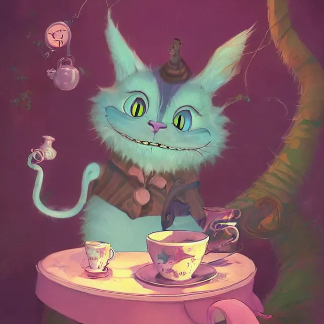 Image similar to cheshire cat drinking tea, by cory loftis, character art, very coherent, exquisite lighting, whimsical background, lighthearted, soft painting, masterpiece