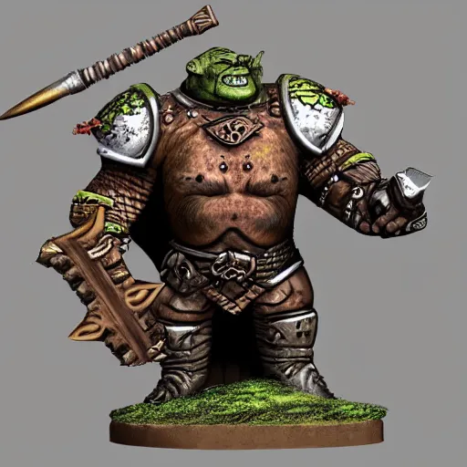 Image similar to ogre warrior wearing plated armor who is holding a battle axe in the style of warhammer fantasy : : head and torso drawing