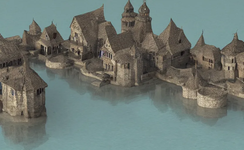 Image similar to underwater medieval village, concept art, render, blender